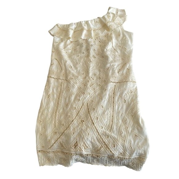 Pho Firenze One Shoulder Shift Mini Dress Small S Cream Knit Embroidered Eyelet - Picture 2 of 8